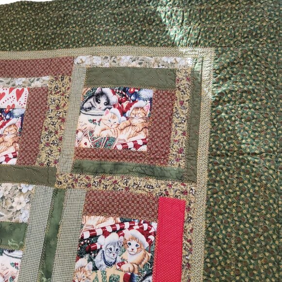 Handmade Christmas Kittens Patchwork Quilt Throw Lap 33"x57" Cat Holiday - Picture 9 of 14